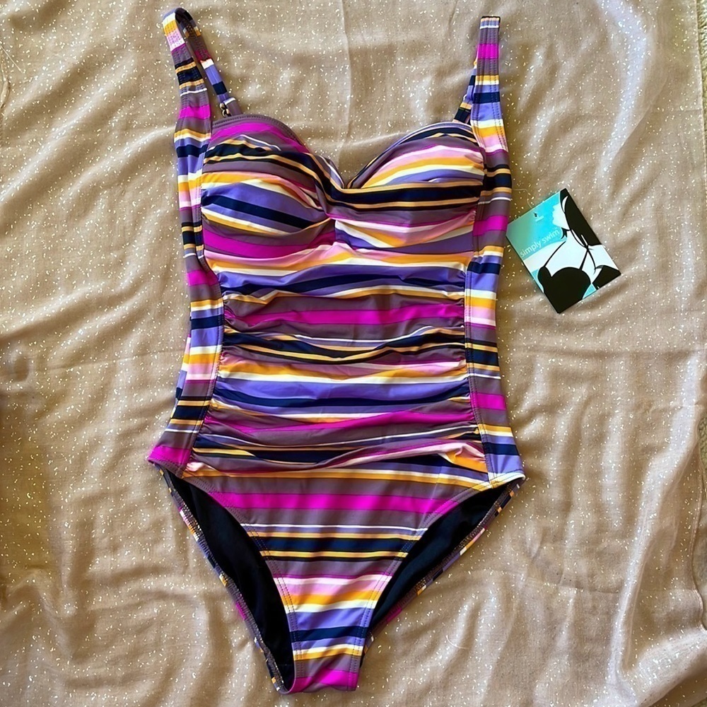 Brand New Simply Swim Striped Multicolored One Piece Swimsuit Ruching & Bra Cups